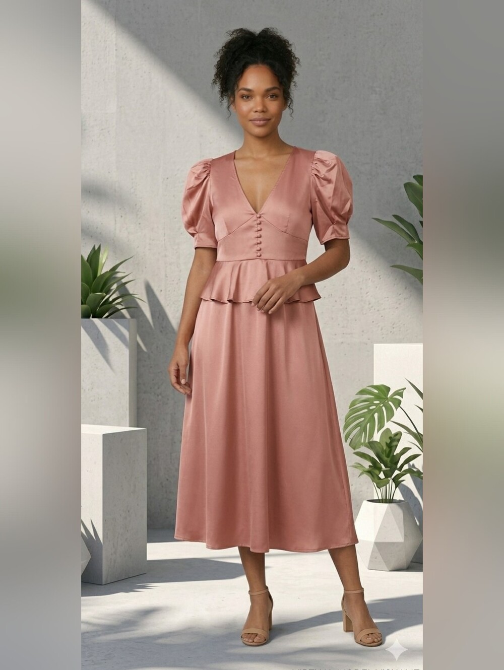 Danielle Berstein Blush Pink Rose Satin Midi Dress